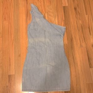 Asymmetric denim dress.